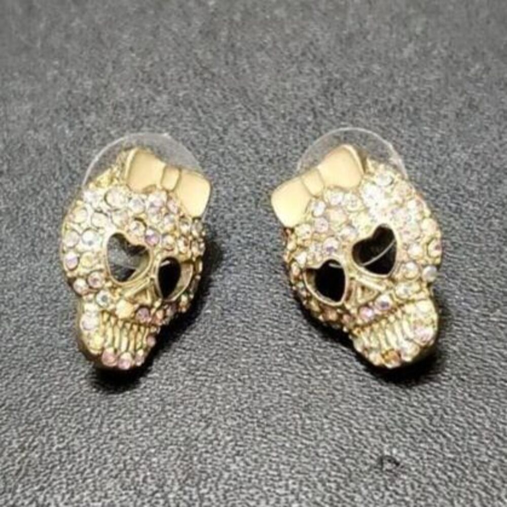 Gold Tone Rhinestone Skull With Bow Earrings
